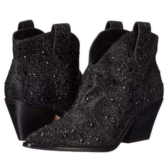 JESSICA SIMPSON / Black / Glittered / Ankle / Boots With Block Heel And Pull Tab - Picture 4 of 9